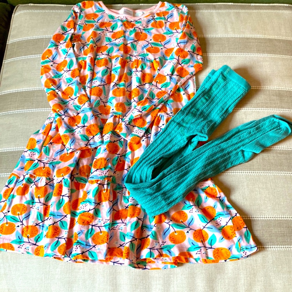 Hanna Andersson Long Sleeve tiered dress and matching tights; girls size 10
